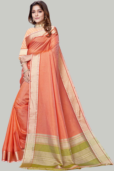 Buy Jute Cotton Woven Border Solid Saree in Orange Online - Back