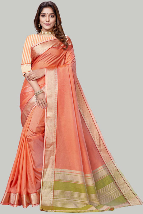 Buy Jute Cotton Woven Border Solid Saree in Orange Online