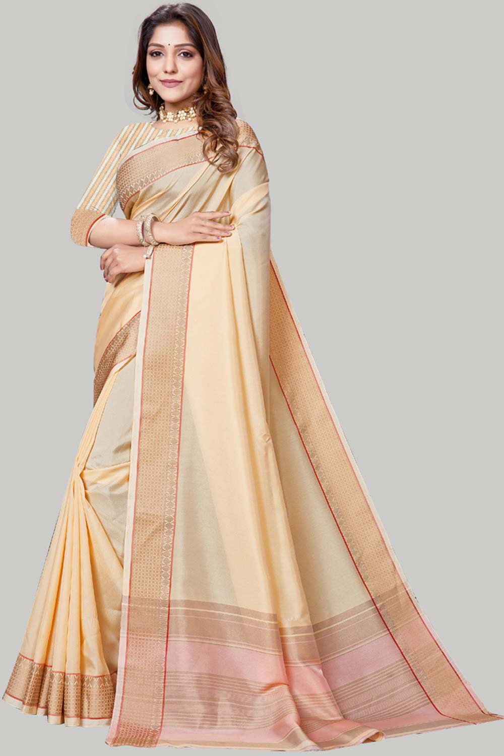 Buy Jute Cotton Woven Border Solid Saree in Light Cream Online - Back