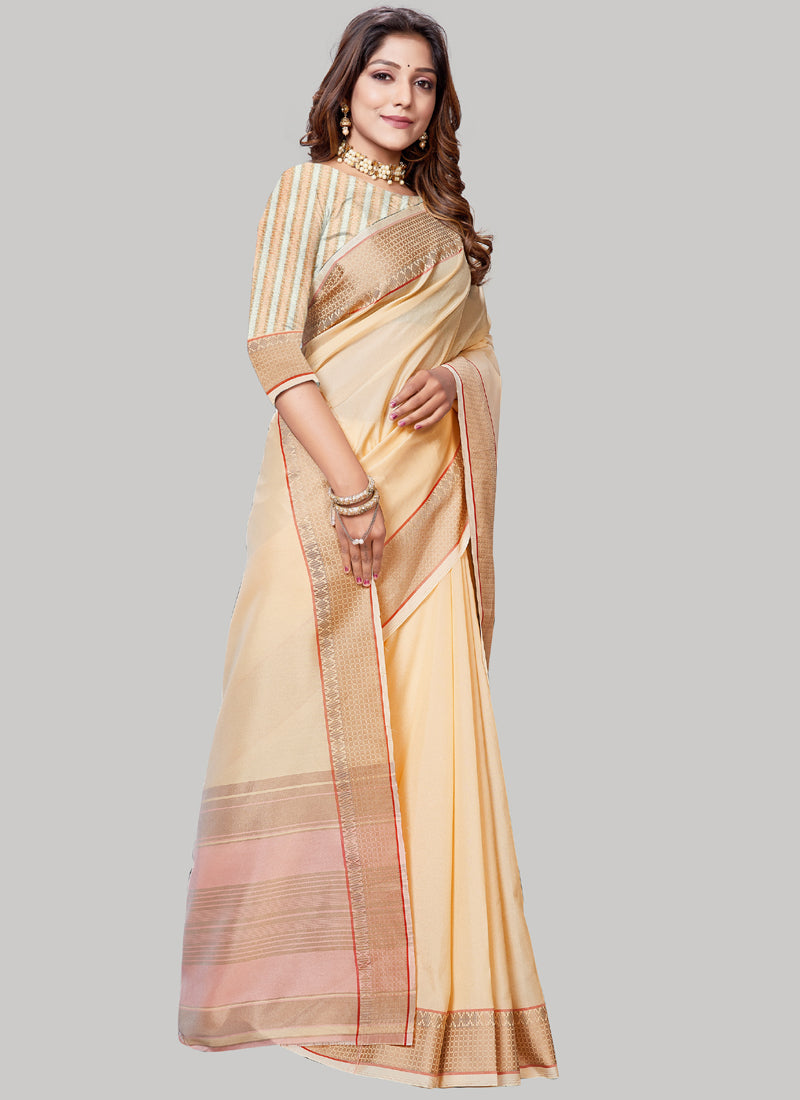 Buy Jute Cotton Woven Border Solid Saree in Light Cream Online - Front