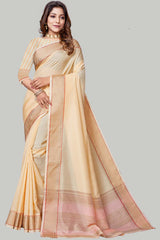 Buy Jute Cotton Woven Border Solid Saree in Light Cream Online