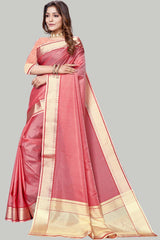 Buy Jute Cotton Woven Border Solid Saree in Peach Online - Back