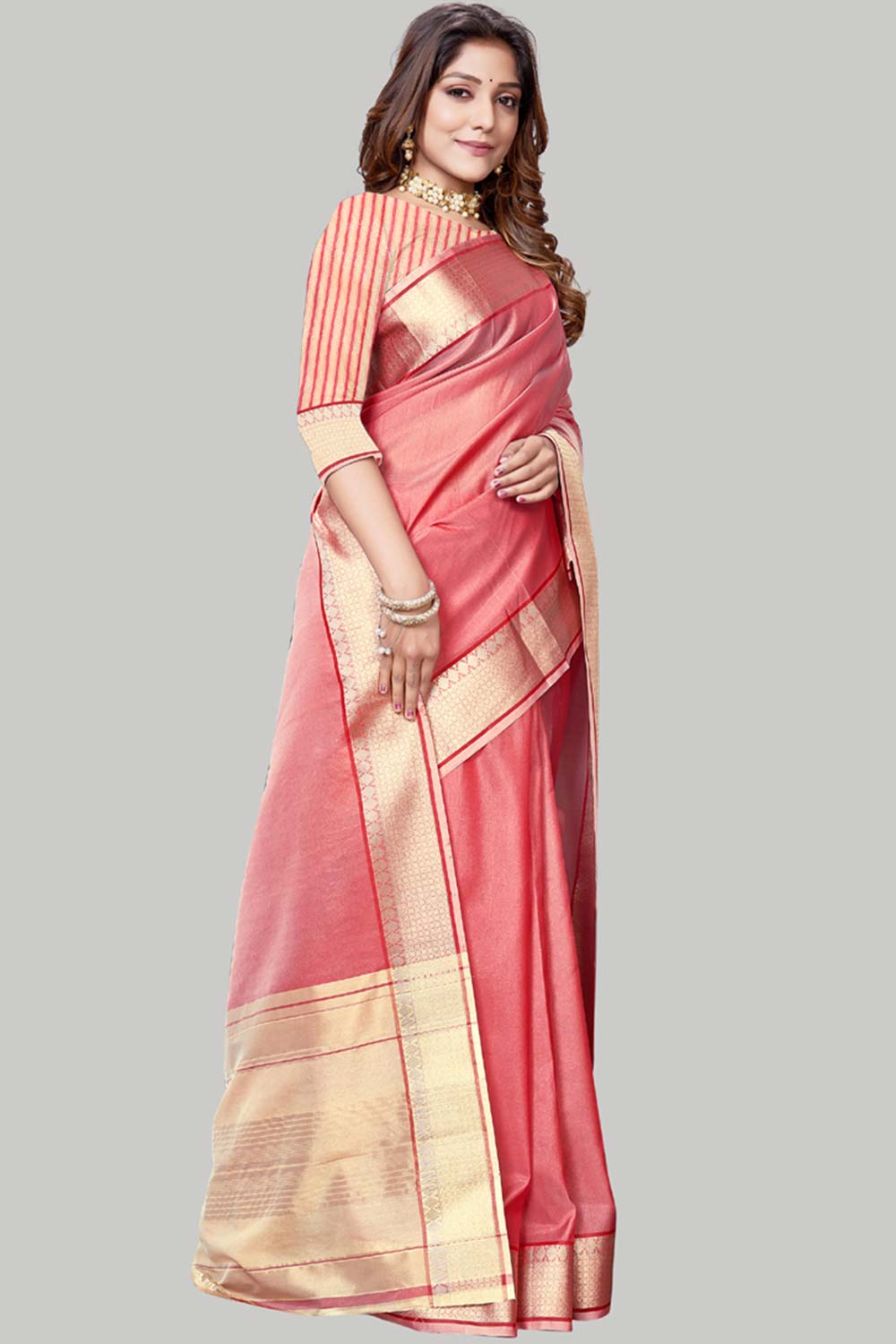 Buy Jute Cotton Woven Border Solid Saree in Peach Online - Front