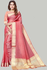 Buy Jute Cotton Woven Border Solid Saree in Peach Online