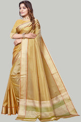 Buy Jute Cotton Woven Border Solid Saree in Gold Online - Back