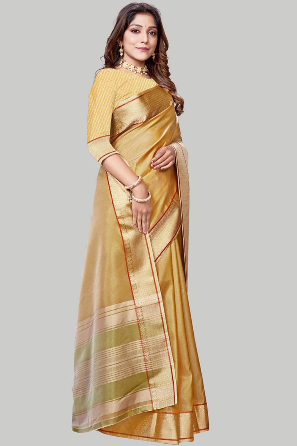 Buy Jute Cotton Woven Border Solid Saree in Gold Online - Front
