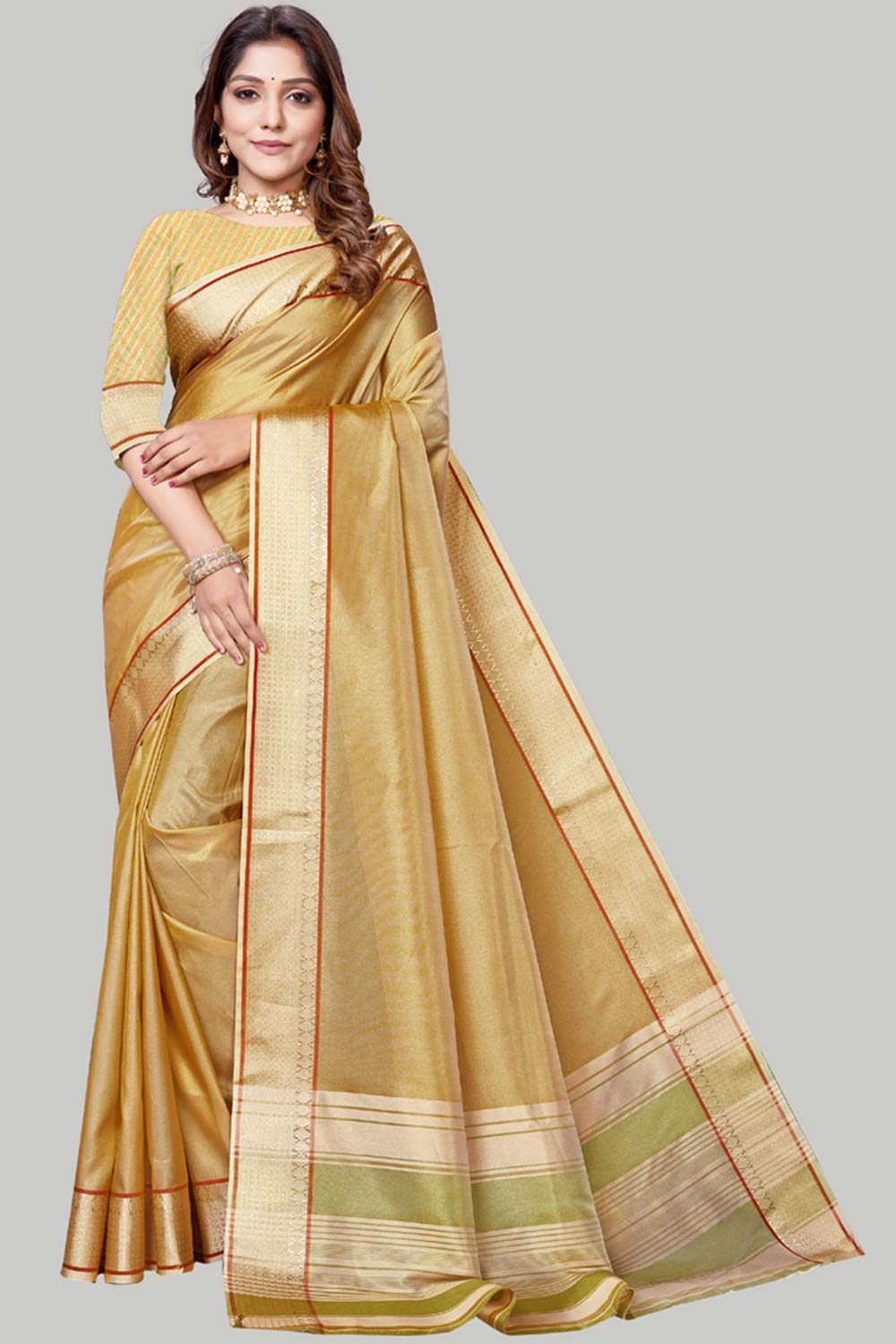 Buy Jute Cotton Woven Border Solid Saree in Gold Online
