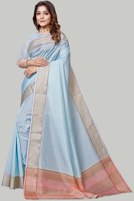 Buy Jute Cotton Woven Border Solid Saree in Aqua Blue Online - Back