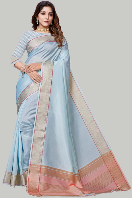 Buy Jute Cotton Woven Border Solid Saree in Aqua Blue Online