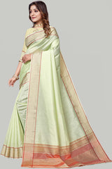 Buy Jute Cotton Woven Border Solid Saree in Lime Green Online - Back