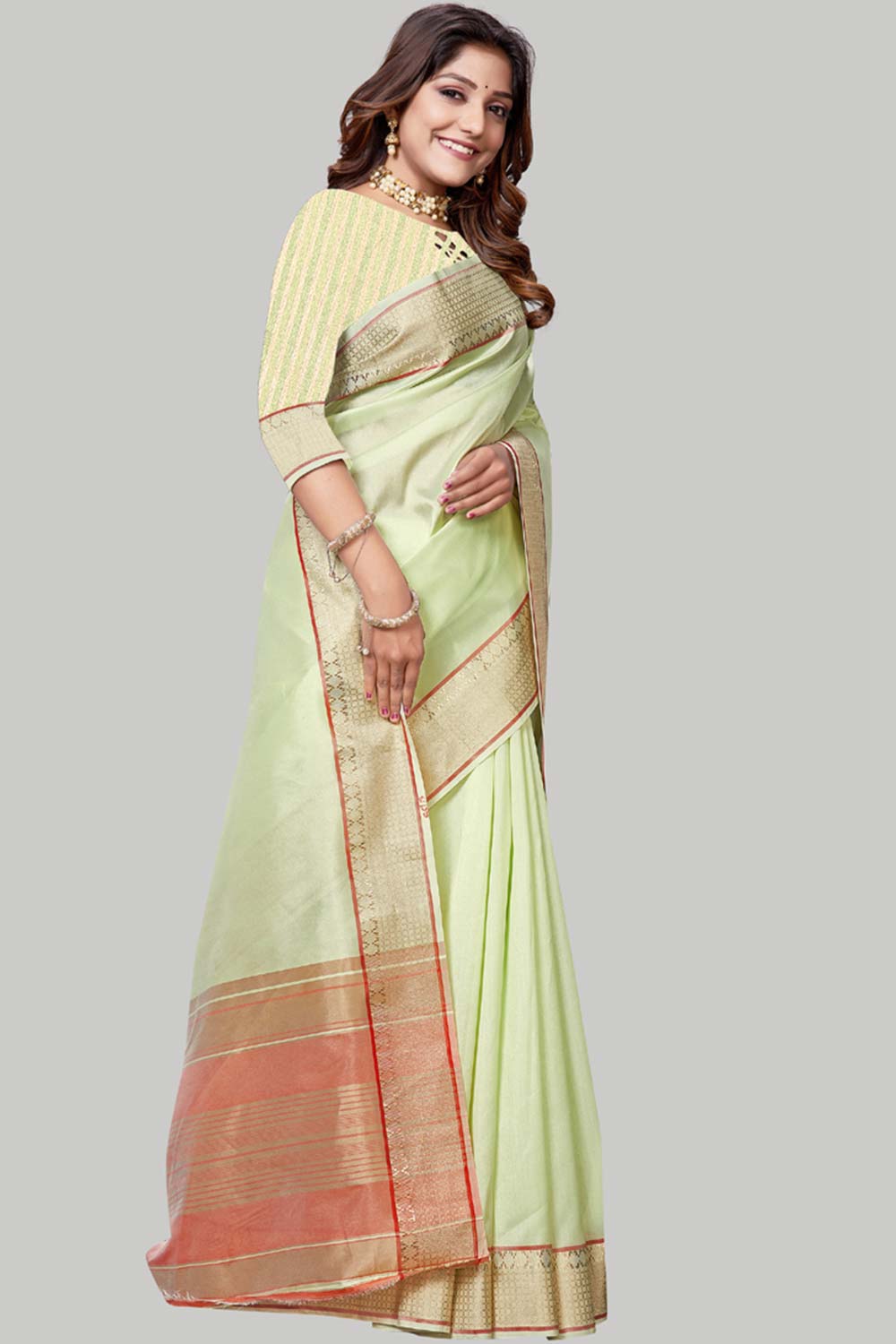 Buy Jute Cotton Woven Border Solid Saree in Lime Green Online - Front