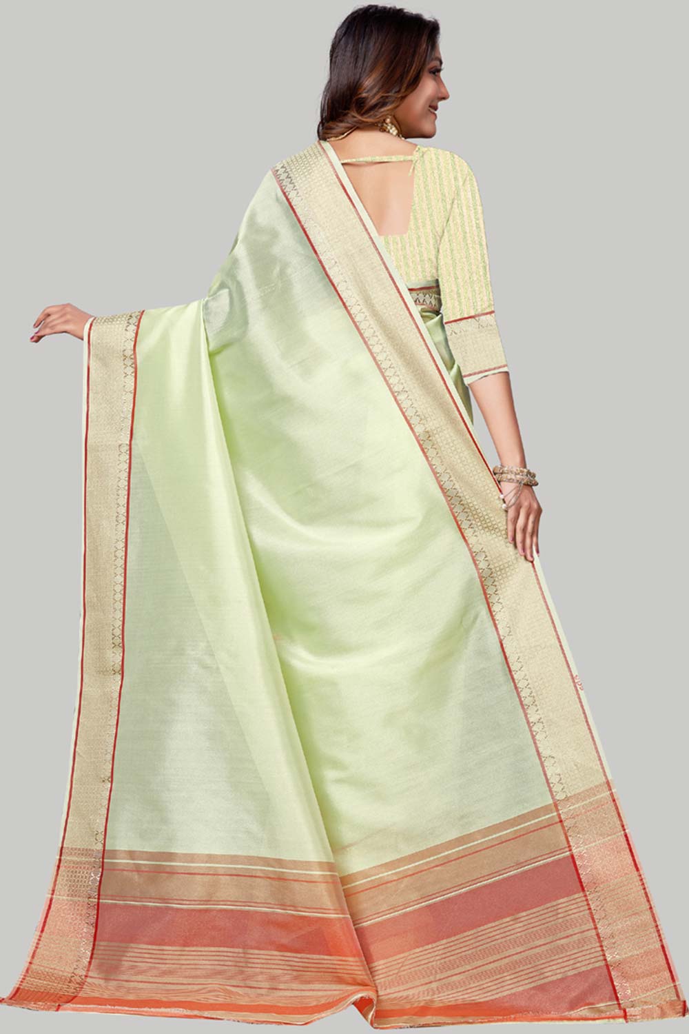 Buy Jute Cotton Woven Border Solid Saree in Lime Green Online - Side