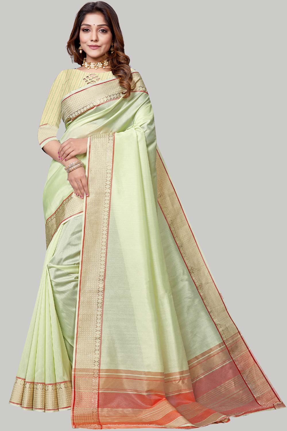 Buy Jute Cotton Woven Border Solid Saree in Lime Green Online