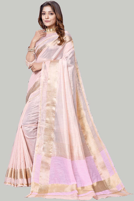 Buy Jute Cotton Woven Border Solid Saree in Baby Pink Online - Back