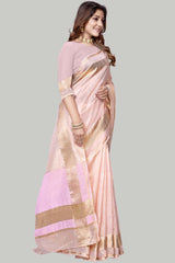 Buy Jute Cotton Woven Border Solid Saree in Baby Pink Online - Front