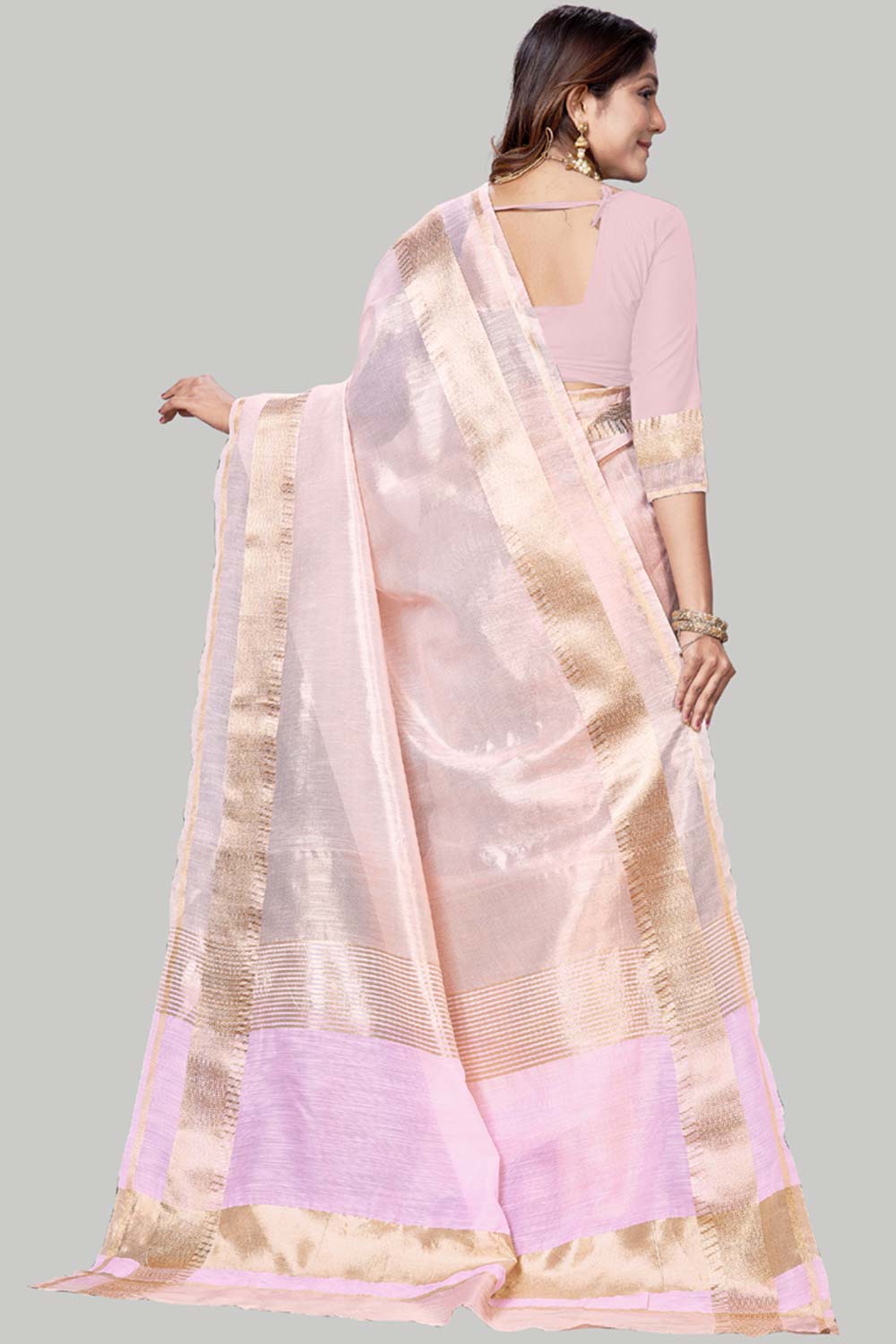 Buy Jute Cotton Woven Border Solid Saree in Baby Pink Online - Side