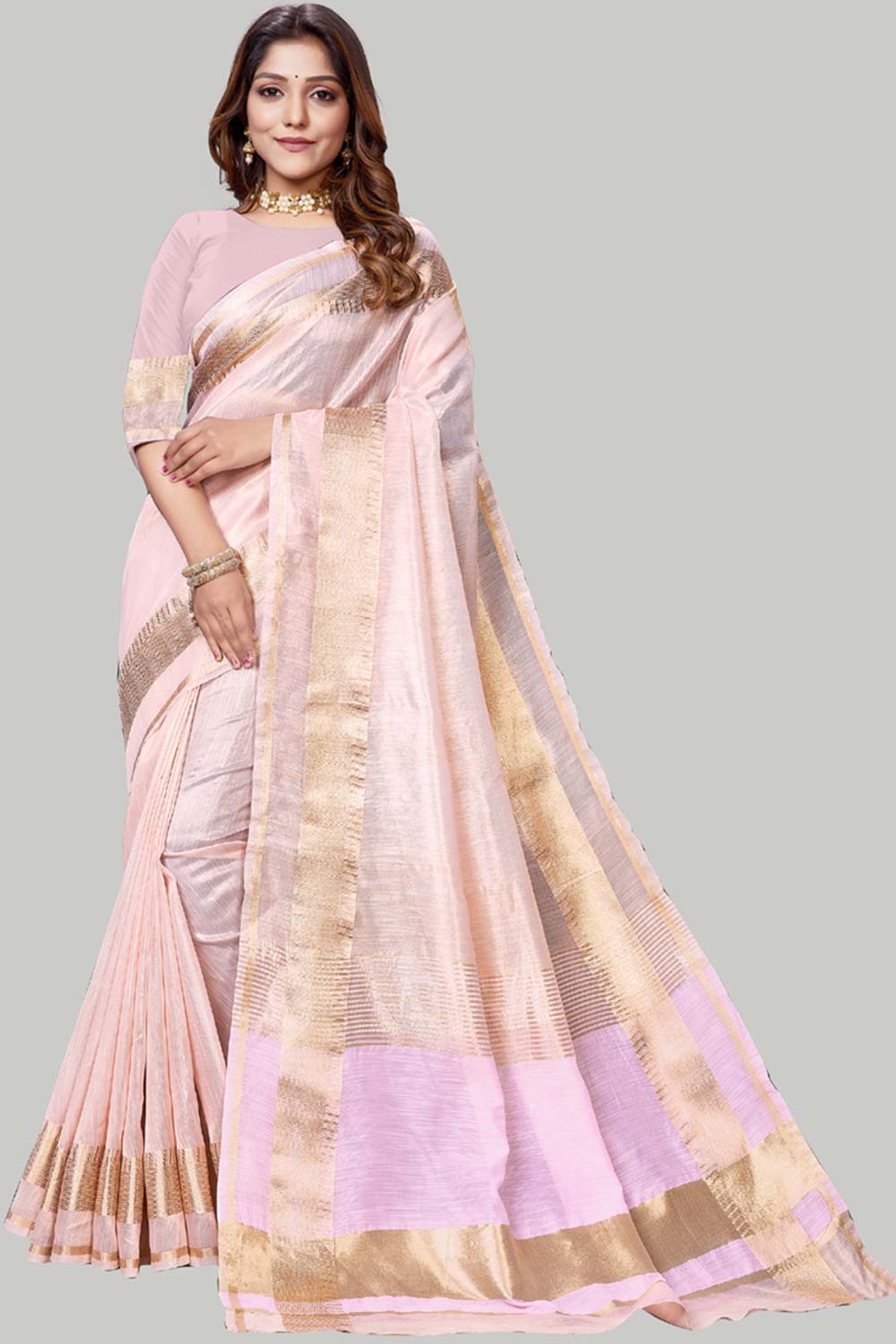 Buy Jute Cotton Woven Border Solid Saree in Baby Pink Online