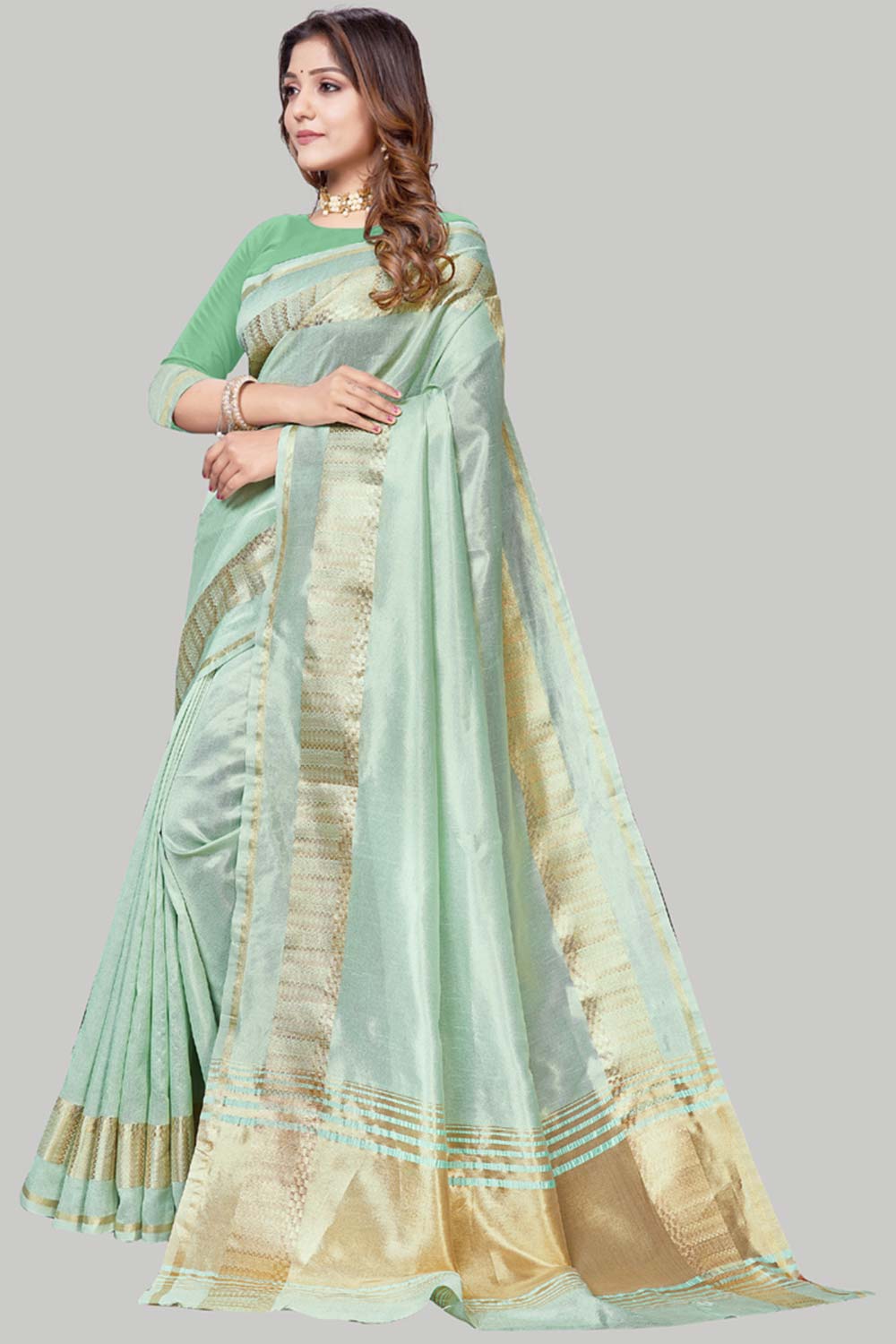 Buy Jute Cotton Woven Border Solid Saree in Sea Green Online - Back