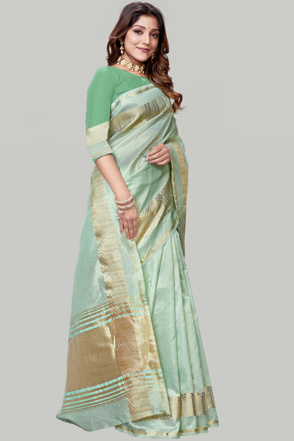 Buy Jute Cotton Woven Border Solid Saree in Sea Green Online - Front