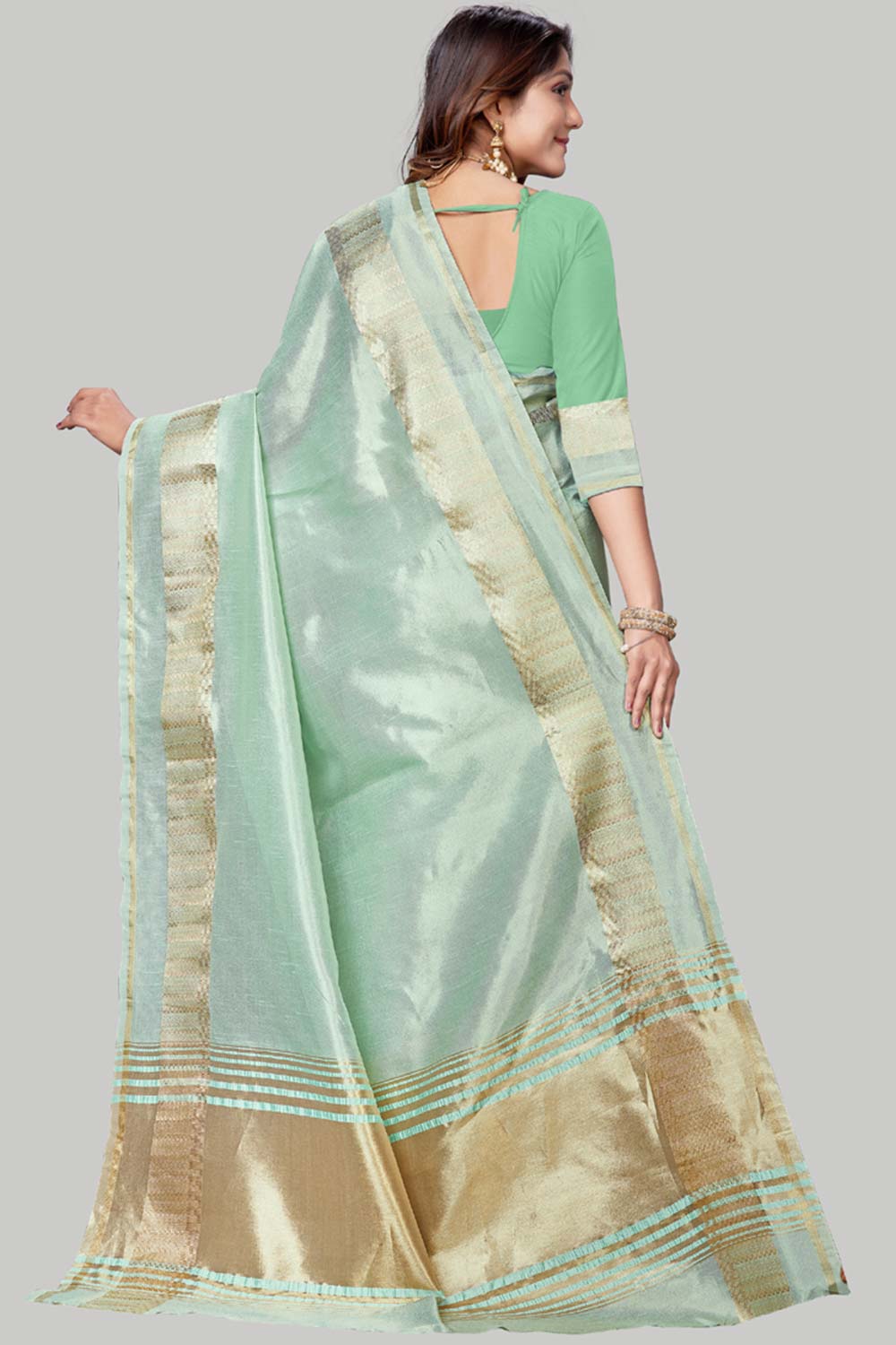 Buy Jute Cotton Woven Border Solid Saree in Sea Green Online - Side