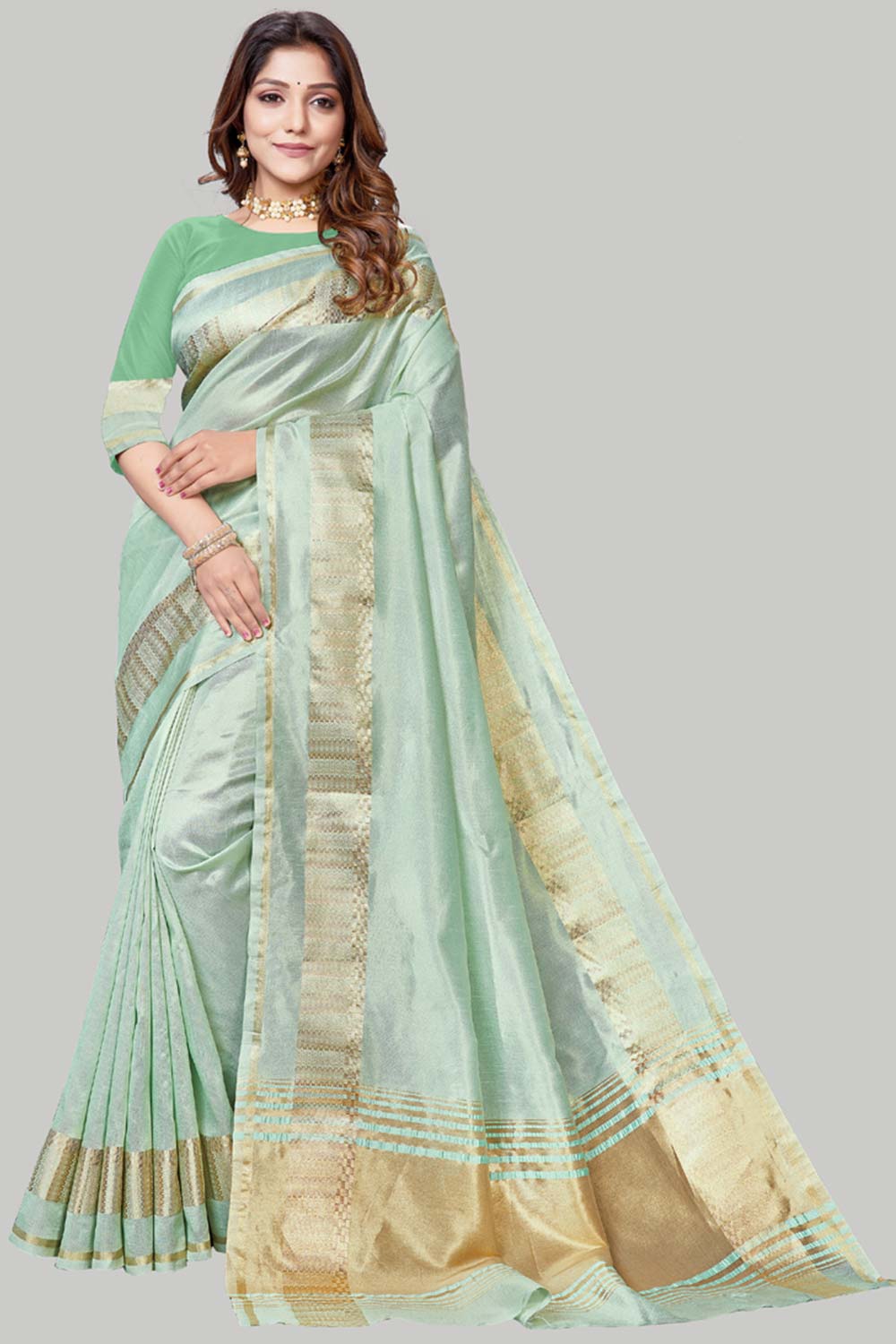 Buy Jute Cotton Woven Border Solid Saree in Sea Green Online