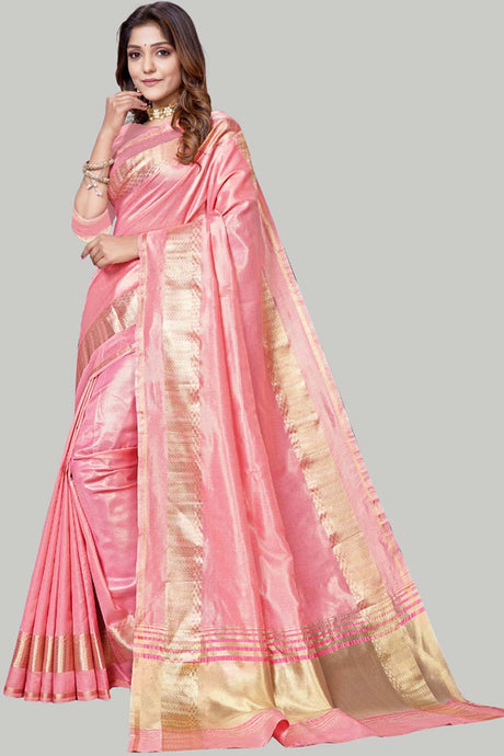 Buy Jute Cotton Woven Border Solid Saree in Pink Online - Back