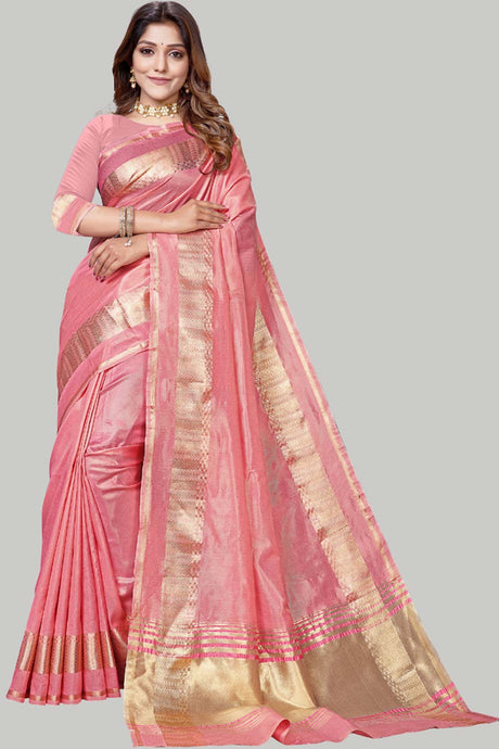 Buy Jute Cotton Woven Border Solid Saree in Pink Online