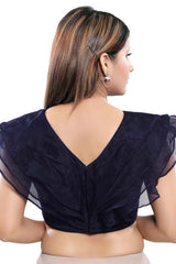 Buy Blended Silk Solid Saree Blouse in Navy Blue - Back