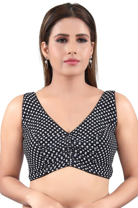 Black Jacquard Back Open Padded Sleeveless Saree Blouse