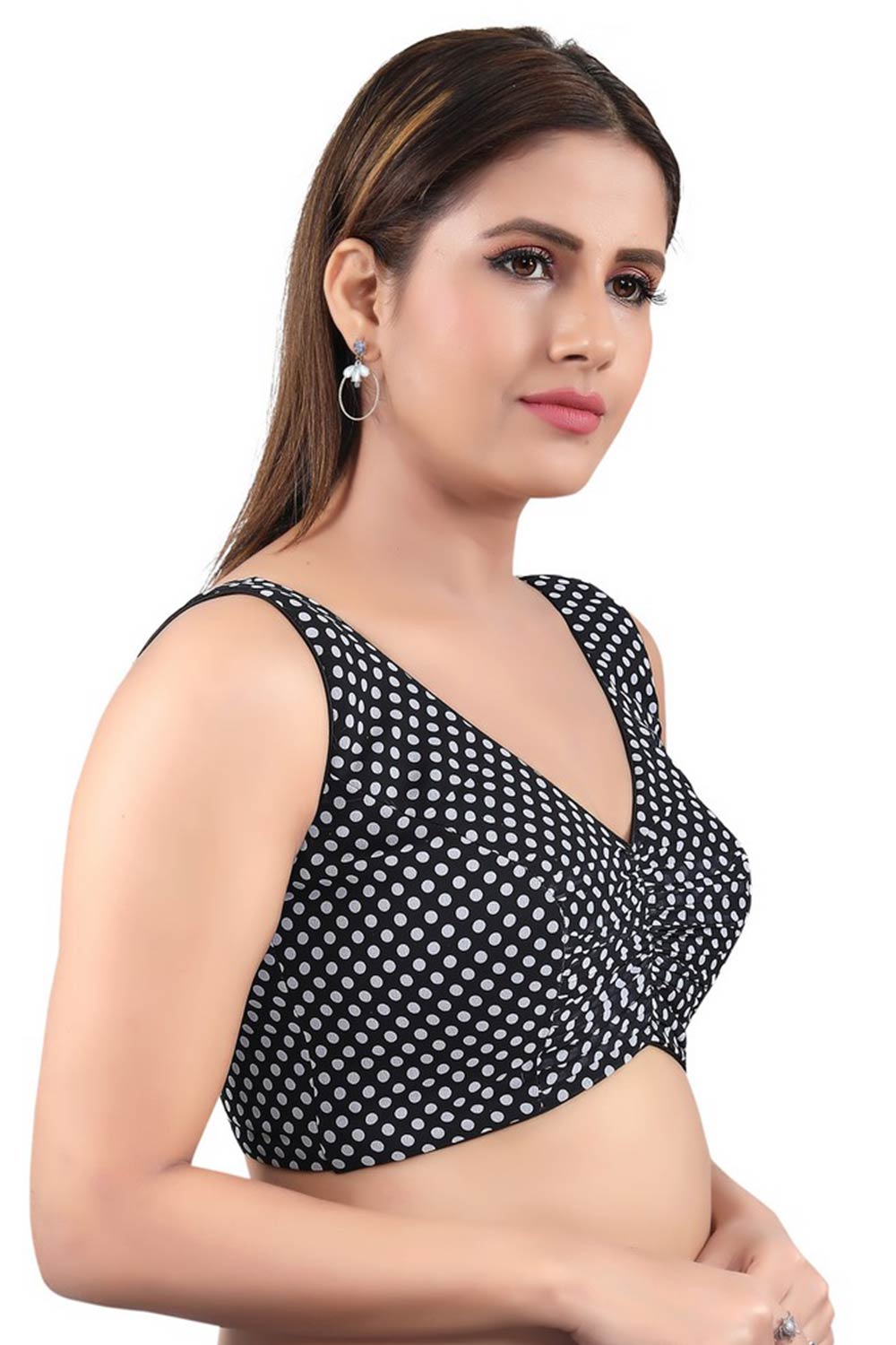 Black Jacquard Back Open Padded Sleeveless Saree Blouse