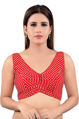 Red Jacquard Back Open Padded Sleeveless Saree Blouse