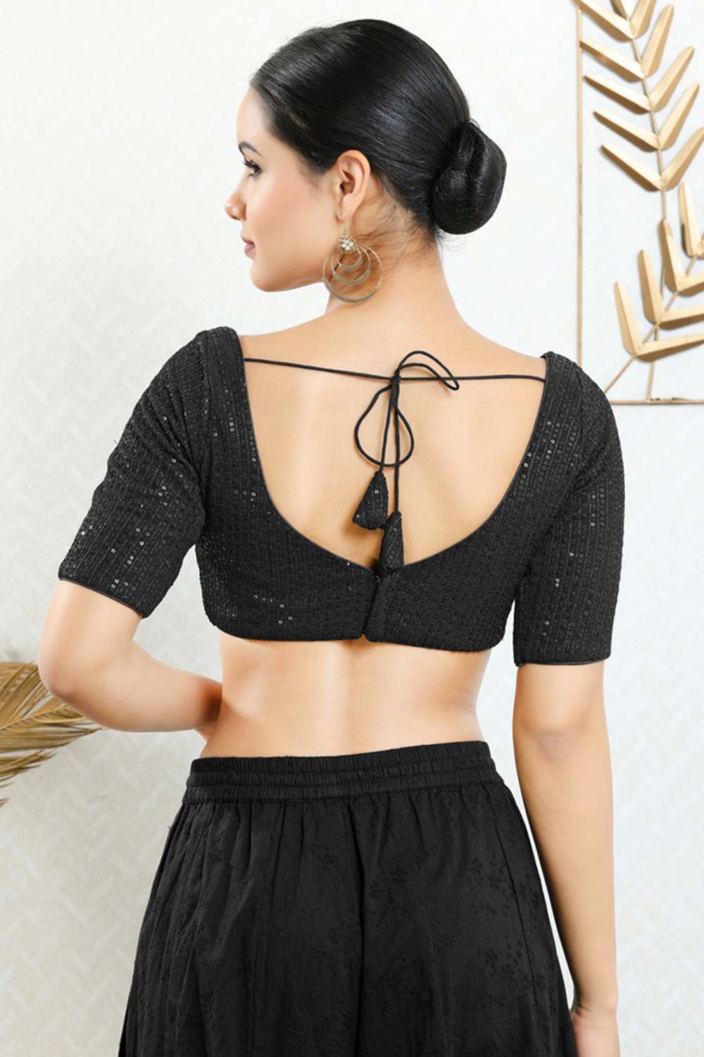 Black Georgette Padded Elbow Sleeves Saree Blouse