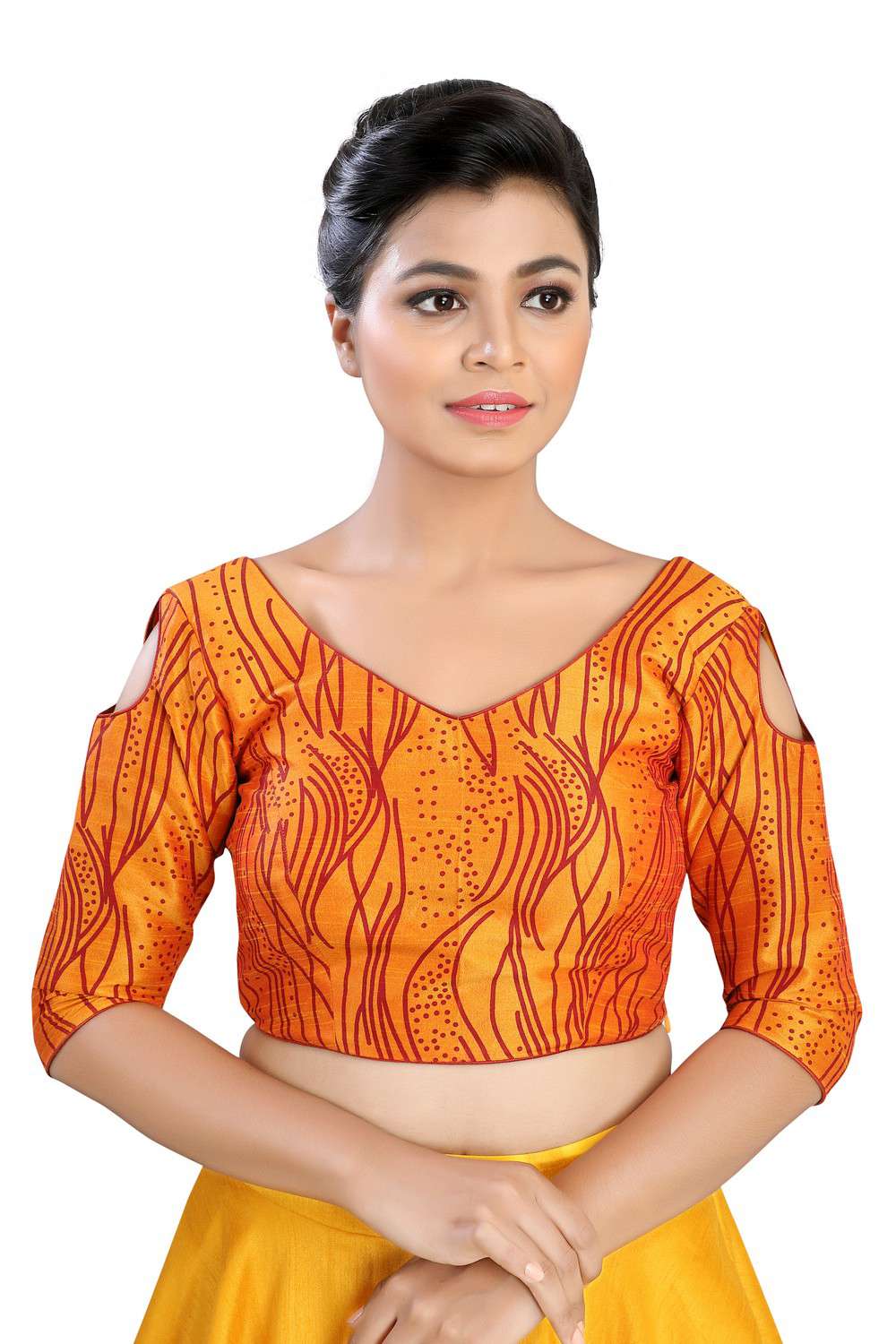 Buy Art Silk Printed Blouse in Mustard