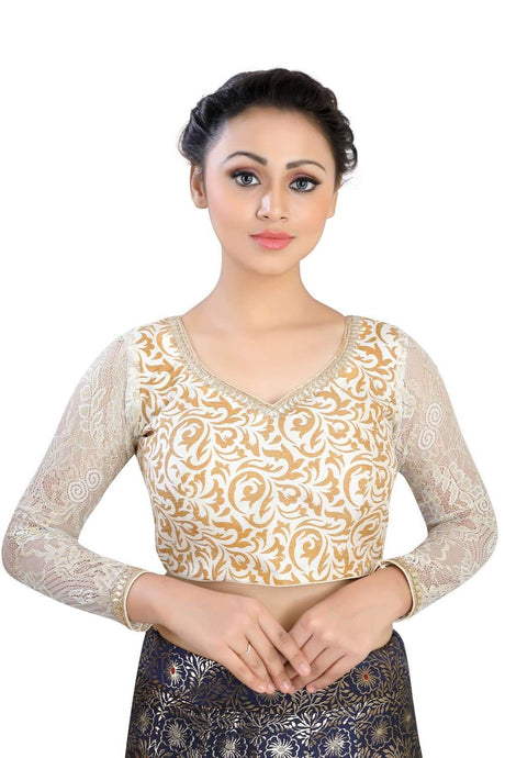 Buy Net and Art Silk Printed Blouse in Cream