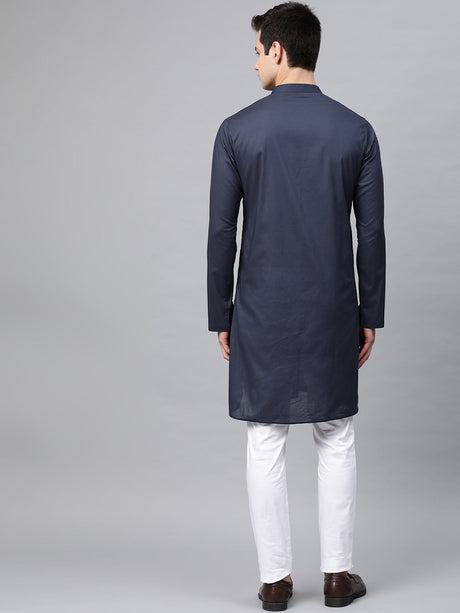 Buy Men's Navy Blue Cotton Thread Work Embroidered Straight Kurta Online - Front