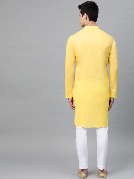 Buy Men's Yellow Cotton Thread Work Embroidered Straight Kurta Online - Front