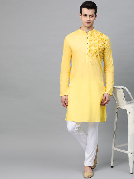 Buy Men's Yellow Cotton Thread Work Embroidered Straight Kurta Online - Side