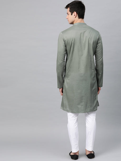Buy Men's Olive Cotton Thread Embroidered Kurta Pajama Set Online - Back