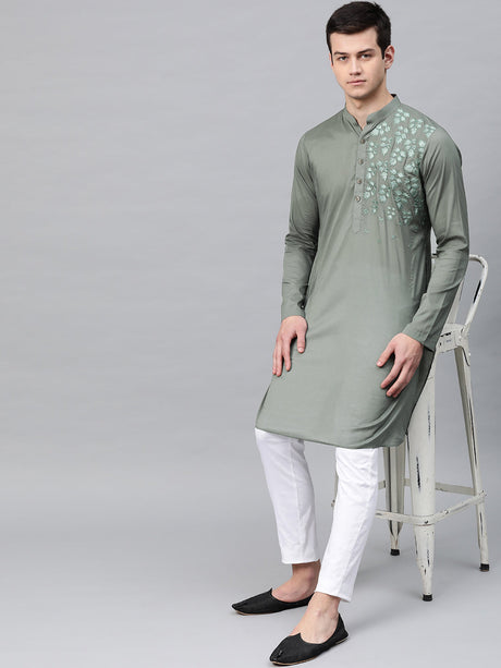 Buy Men's Olive Cotton Thread Work Embroidered Straight Kurta Online - Side