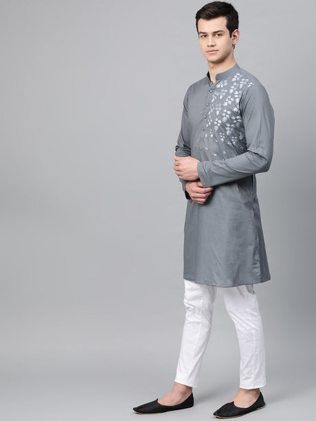 Buy Men's Grey Cotton Thread Work Embroidered Straight Kurta Online - Side
