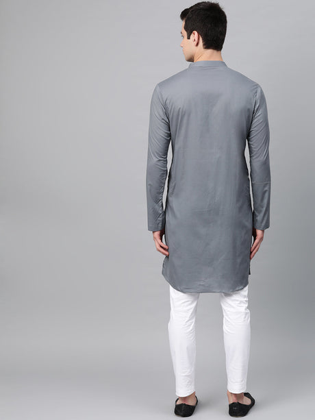 Buy Men's Grey Cotton Thread Work Embroidered Straight Kurta Online - Front