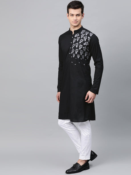 Buy Men's Black Cotton Thread Embroidered Kurta Pajama Set Online
