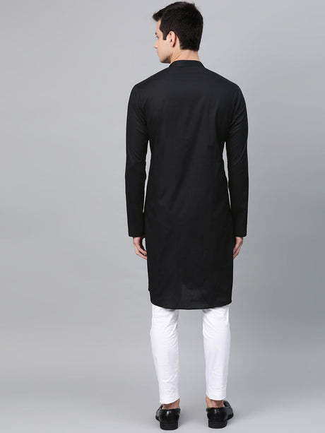 Buy Men's Black Cotton Thread Embroidered Kurta Pajama Set Online - Back