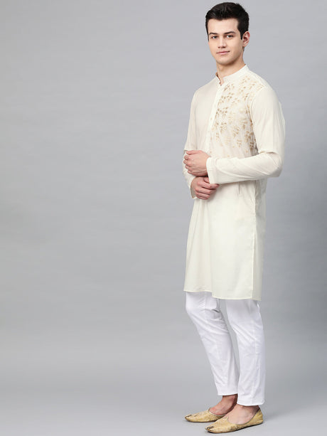Buy Men's Off White Cotton Thread Embroidered Kurta Pajama Set Online