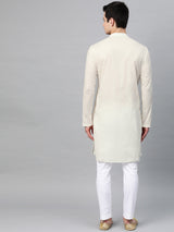 Buy Men's Off White Cotton Thread Work Embroidered Straight Kurta Online - Front