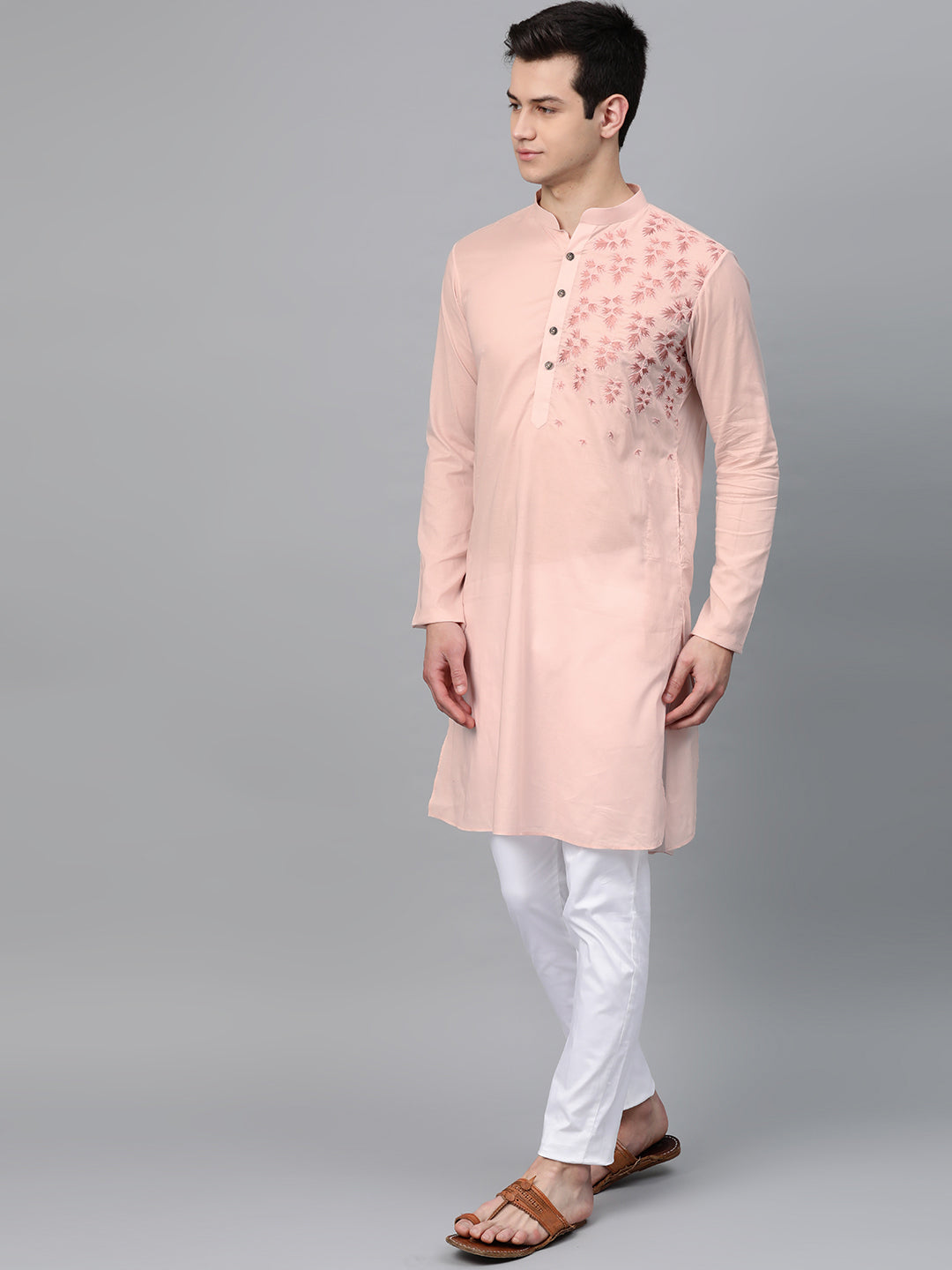 Buy Men's Pink Cotton Thread Work Embroidered Straight Kurta Online - Side