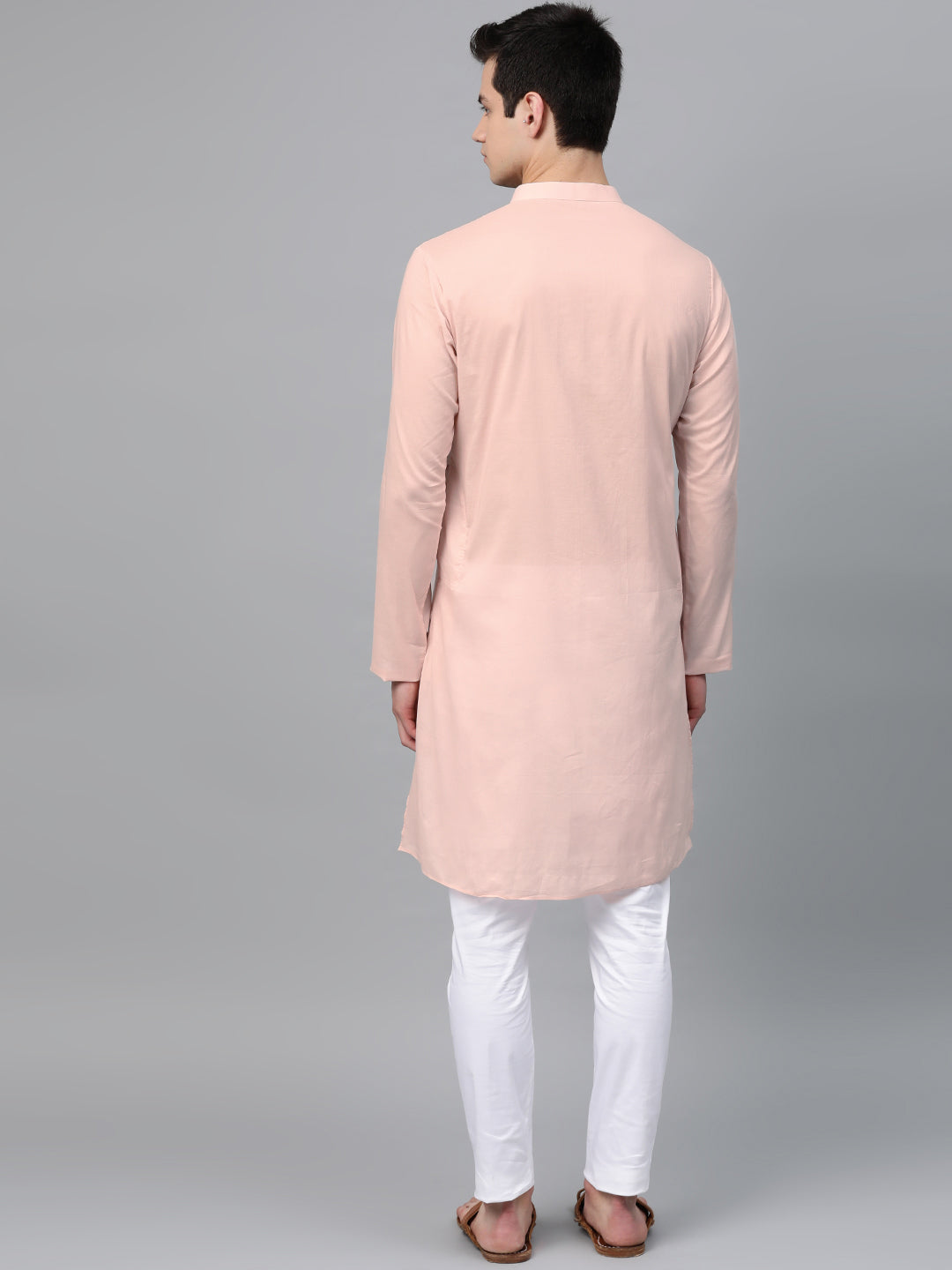 Buy Men's Pink Cotton Thread Work Embroidered Straight Kurta Online - Front