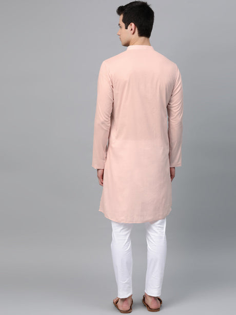 Buy Men's Pink Cotton Thread Embroidered Kurta Pajama Set Online - Back