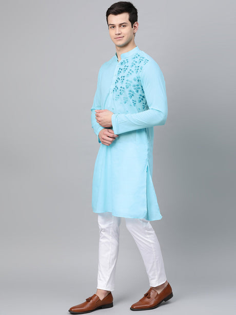 Buy Men's Turquoise Blue Cotton Thread Work Embroidered Straight Kurta Online - Side