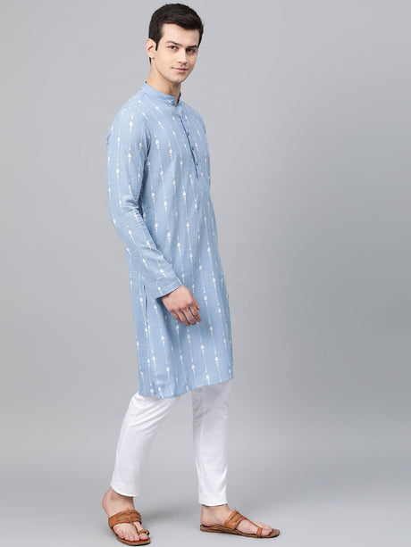 Buy Men's Blue Cotton Printed Straight Kurta Online - Back